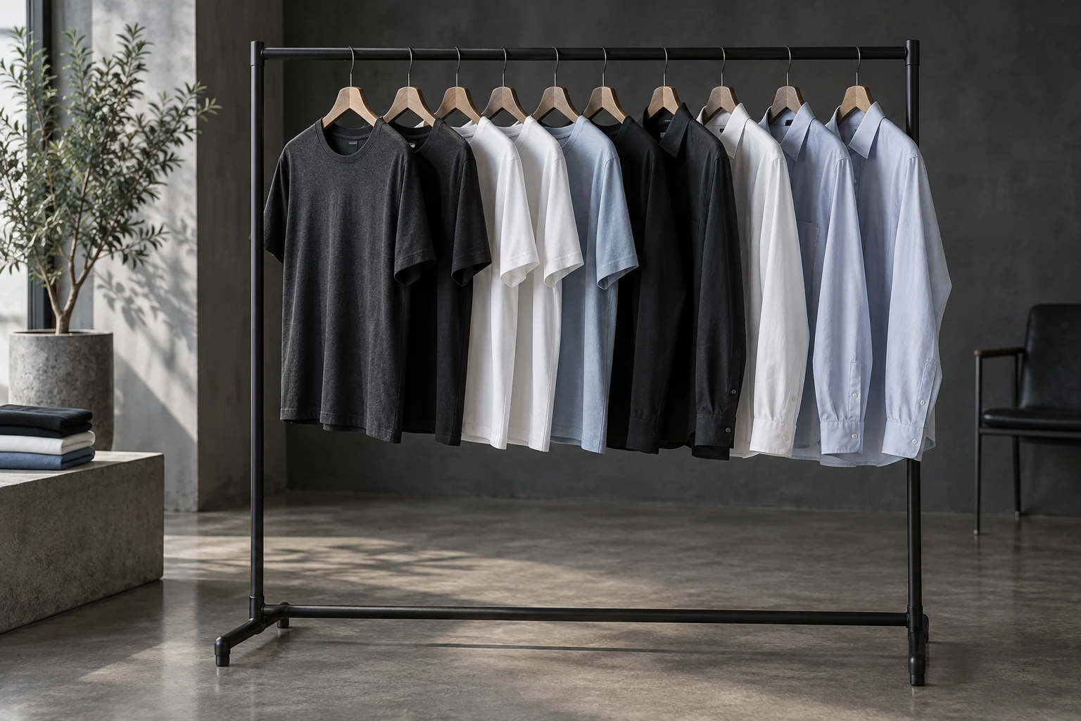 Unbranded apparel in a considered mix of fabric, colour and silhouette